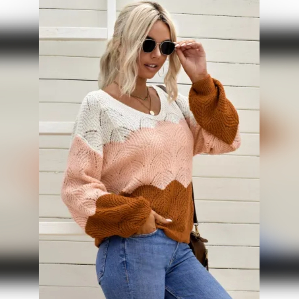Puff Sleeve Color Block Pointelle Sweater